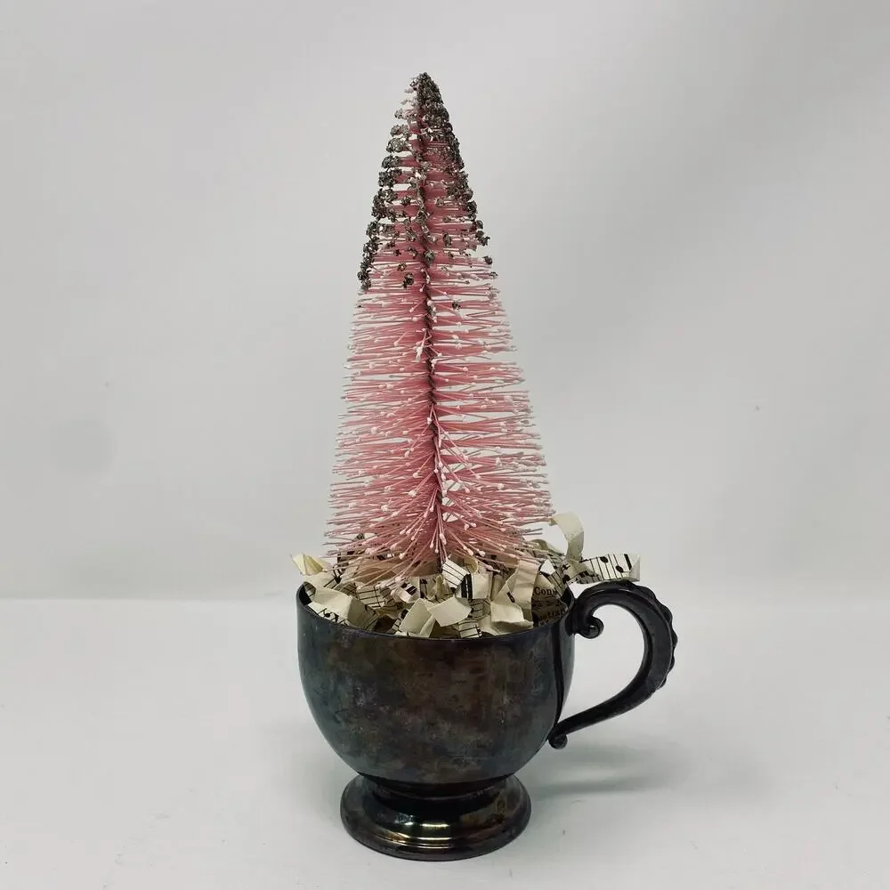 Vintage silver plated tea cup with pink bottle brush tree with gold glitter